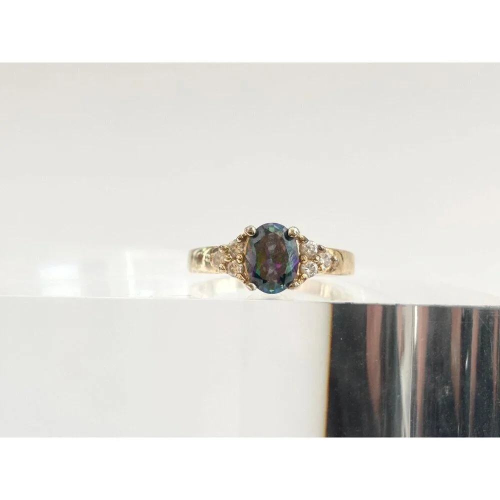 Mystic Topaz Triple CZ Gold Plated 925 Sterling Silver Vintage Ring - sz 7